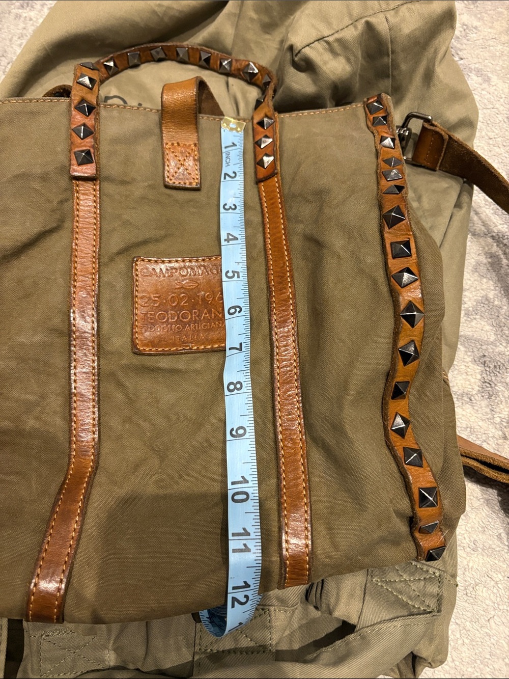 Campomaggi Olive Canvas Tote with Brown Leather Trim and Stud Accents - Picture 8 of 9